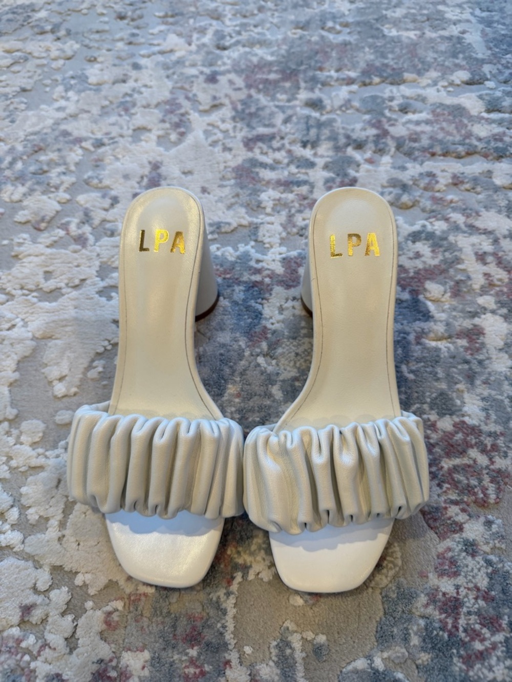 LPA White Ruched Block Heel Slide Sandals